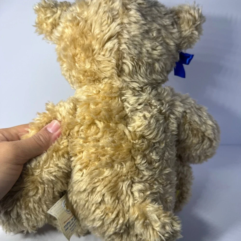 Build-A-Bear Workshop Tan Curly Shaggy Teddy Bear Blue Bow Plush 14 Inch Vintage